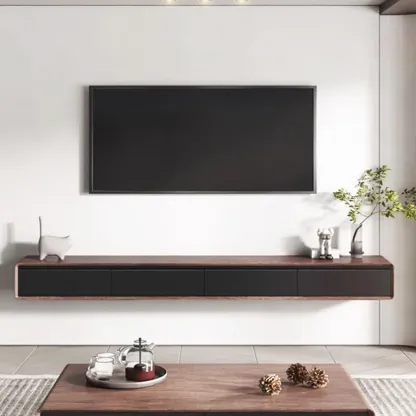 Walnut-Black Wood Drawers Floating Mount TV Stand Wall-Mounted Image - 2