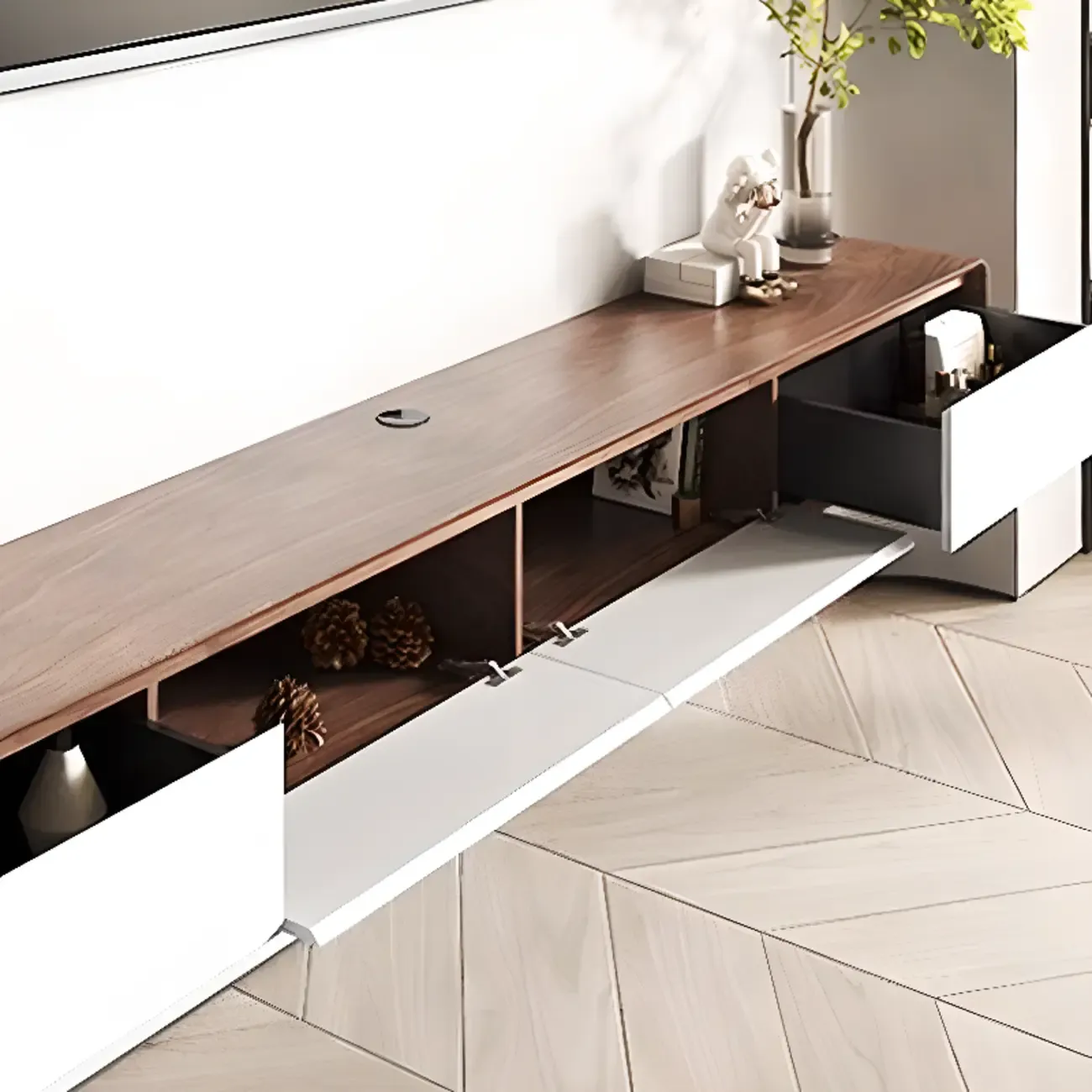 Walnut-Black Wood Drawers Floating Mount TV Stand Wall-Mounted Image - 3