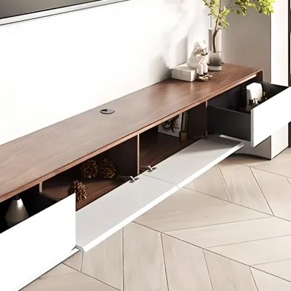 Walnut-Black Wood Drawers Floating Mount TV Stand Wall-Mounted Image - 3
