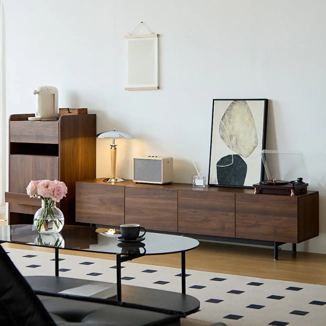 71" Mid-Century Rectangle Walnut Wood Cabinet Doors TV Stand Image - 2