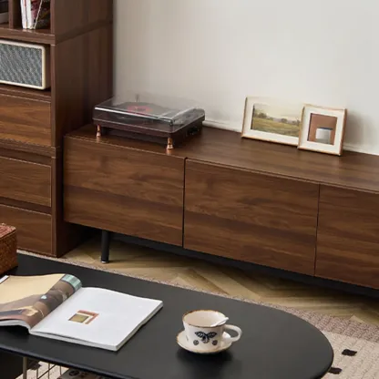 71" Mid-Century Rectangle Walnut Wood Cabinet Doors TV Stand Image - 6