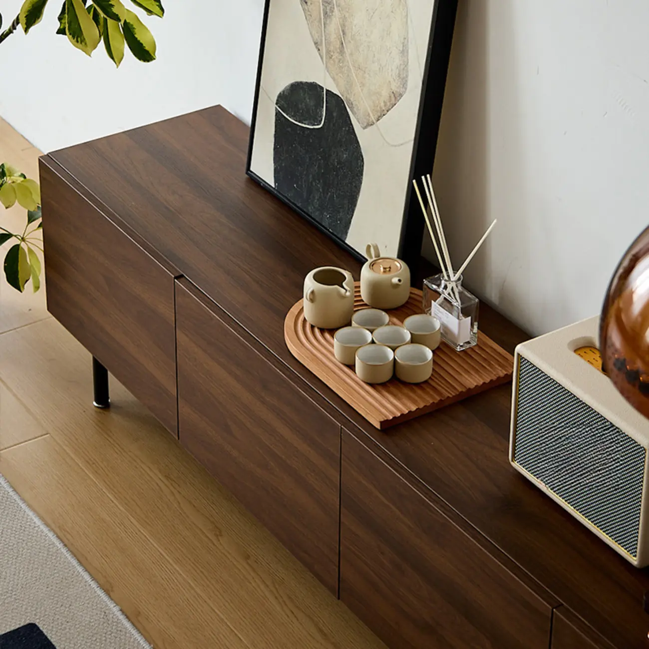 71" Mid-Century Rectangle Walnut Wood Cabinet Doors TV Stand Image - 8 | homeyfad