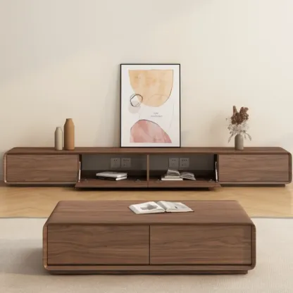 Mid-Century Brown Wooden TV Stand for Living Room Image - 1