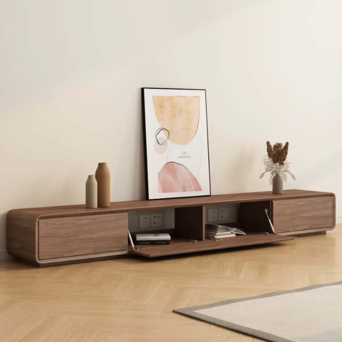 Mid-Century Brown Wooden TV Stand for Living Room Image - 4