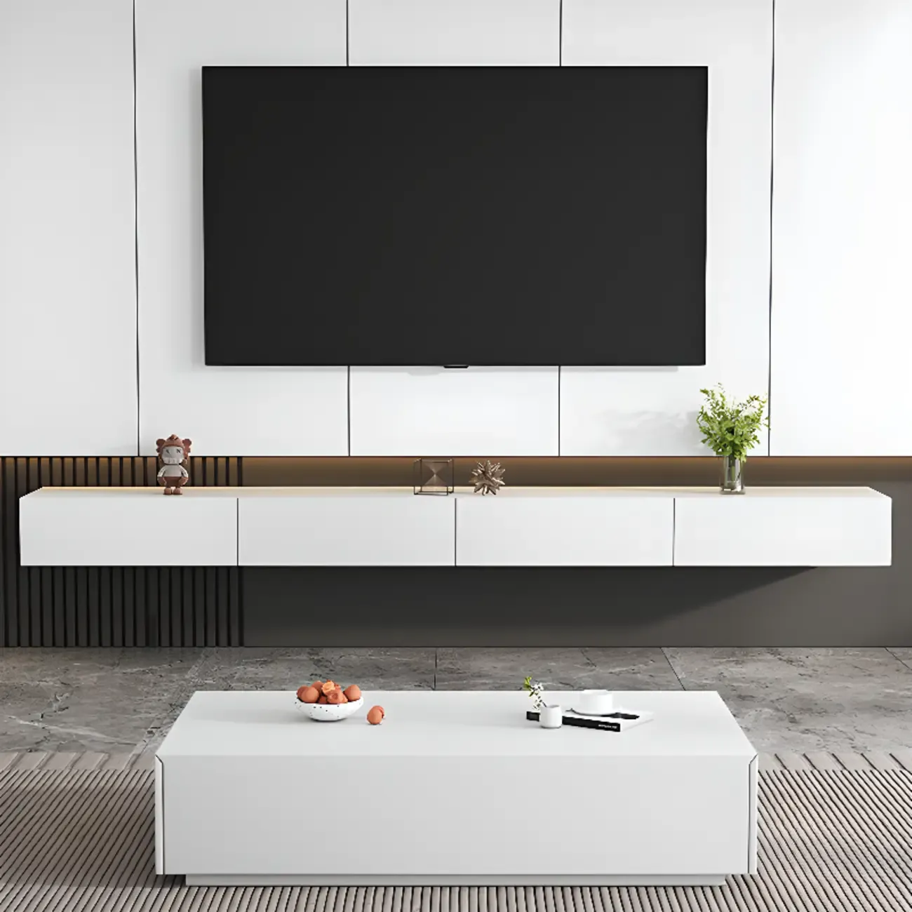 71" White Rectangle Wooden Floating TV Stand with Storage | HomeyFad