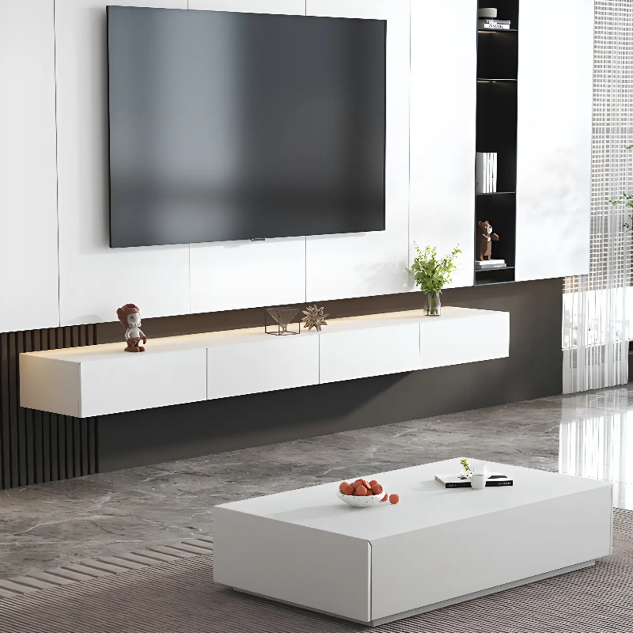Simple White Wall-Mounted TV Stand with Storage Image - 2 | homeyfad