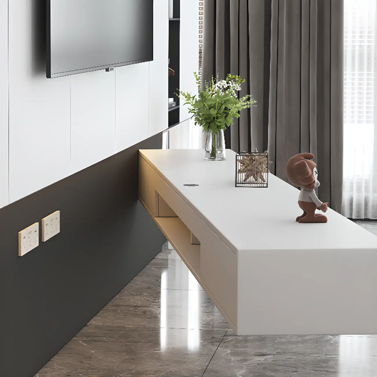 Simple White Wall-Mounted TV Stand with Storage Image - 7 | homeyfad