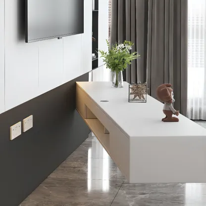 Simple White Wall-Mounted TV Stand with Storage Image - 7