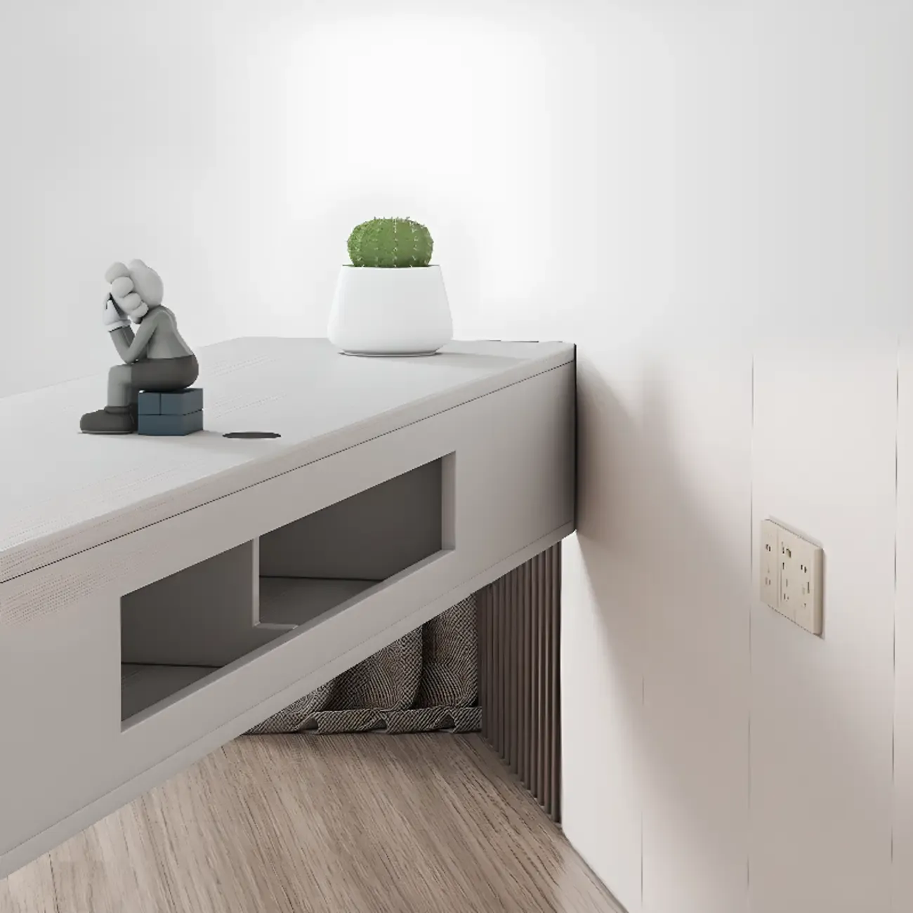 Simple White Wall-Mounted TV Stand with Storage Image - 9