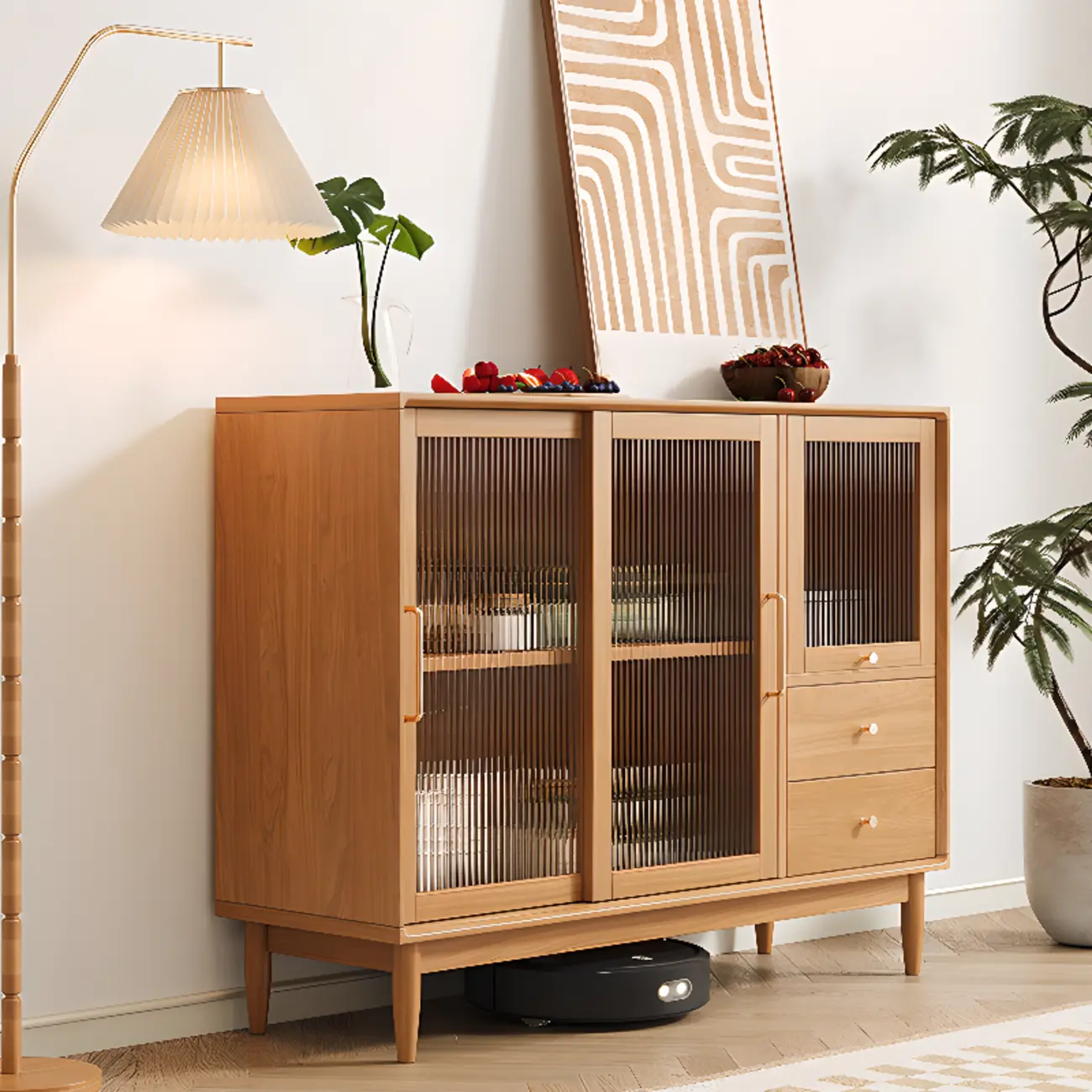 Scandinavian Natural Wood Display Accent Cabinet Sliding Doors Image - 1 | homeyfad