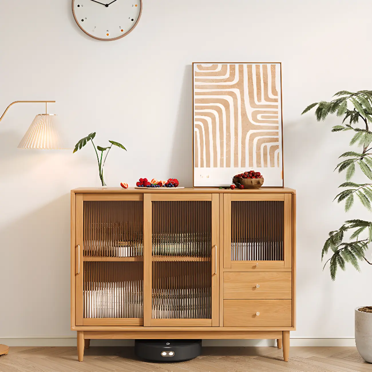 Scandinavian Natural Wood Display Accent Cabinet Sliding Doors Image - 3 | homeyfad