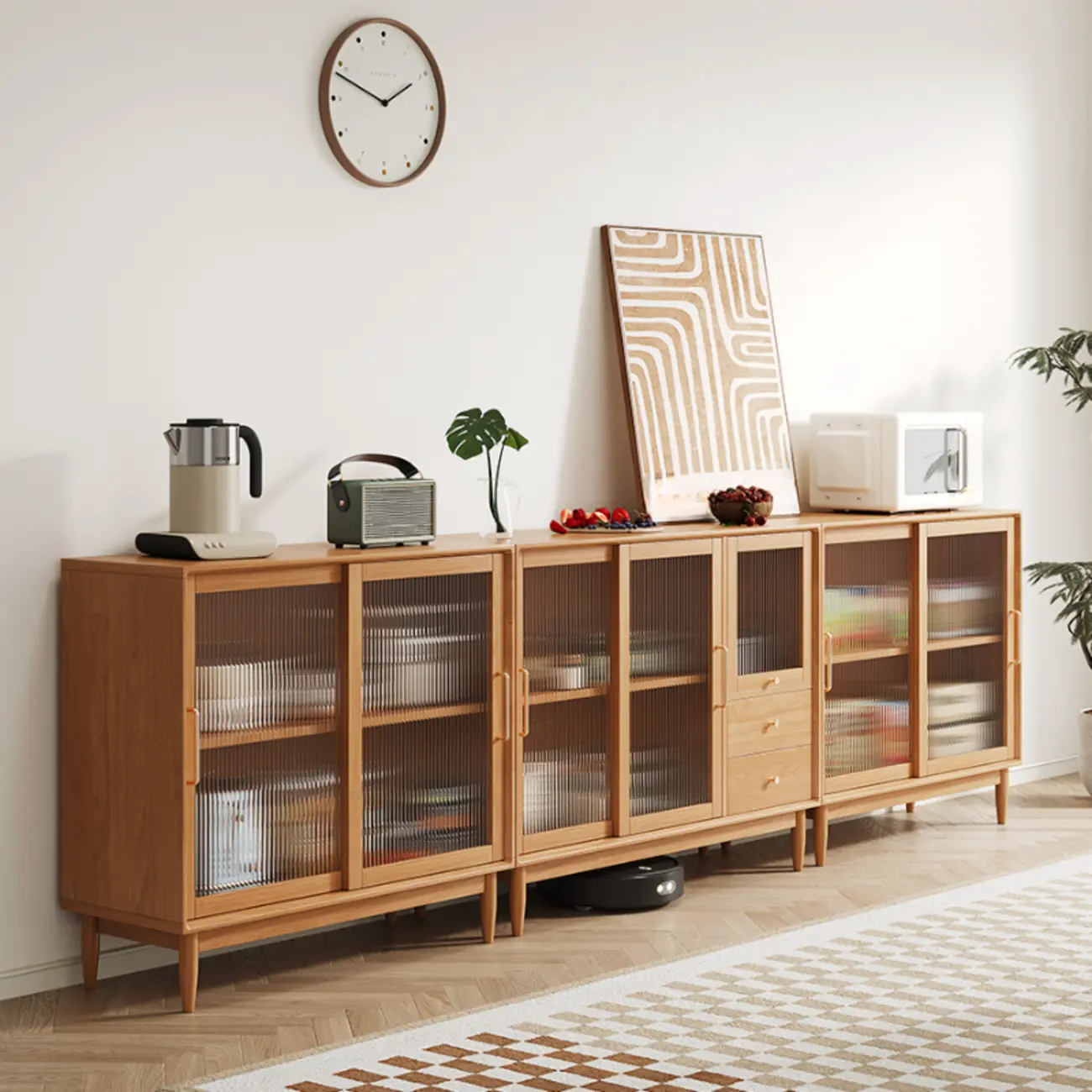 Scandinavian Natural Wood Display Accent Cabinet Sliding Doors Image - 5 | homeyfad