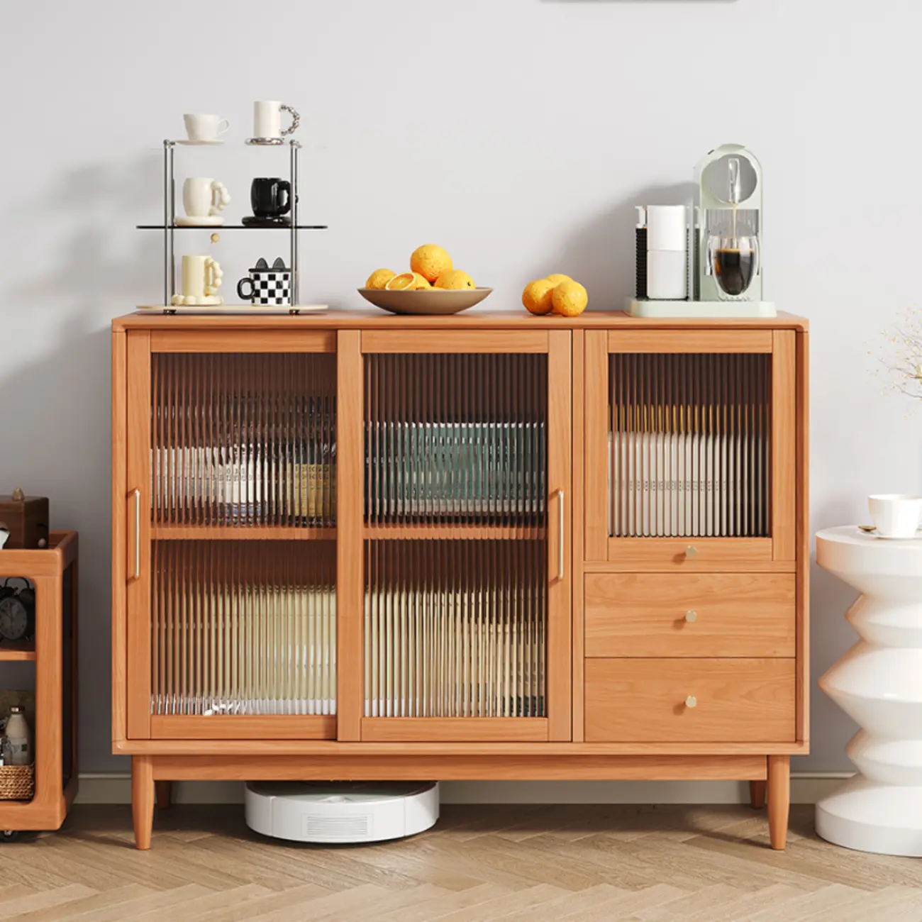 Scandinavian Natural Wood Display Accent Cabinet Sliding Doors Image - 6 | homeyfad