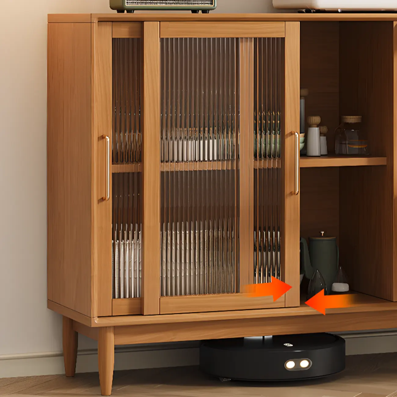 Scandinavian Natural Wood Display Accent Cabinet Sliding Doors Image - 7 | homeyfad