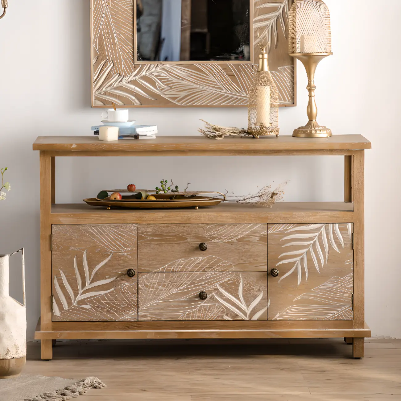 Rustic Natural Wooden Storage Buffet Accent Cabinet Image - 1 | homeyfad