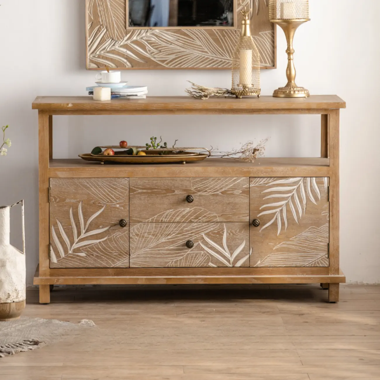 Rustic Natural Wooden Storage Buffet Accent Cabinet Image - 2 | homeyfad