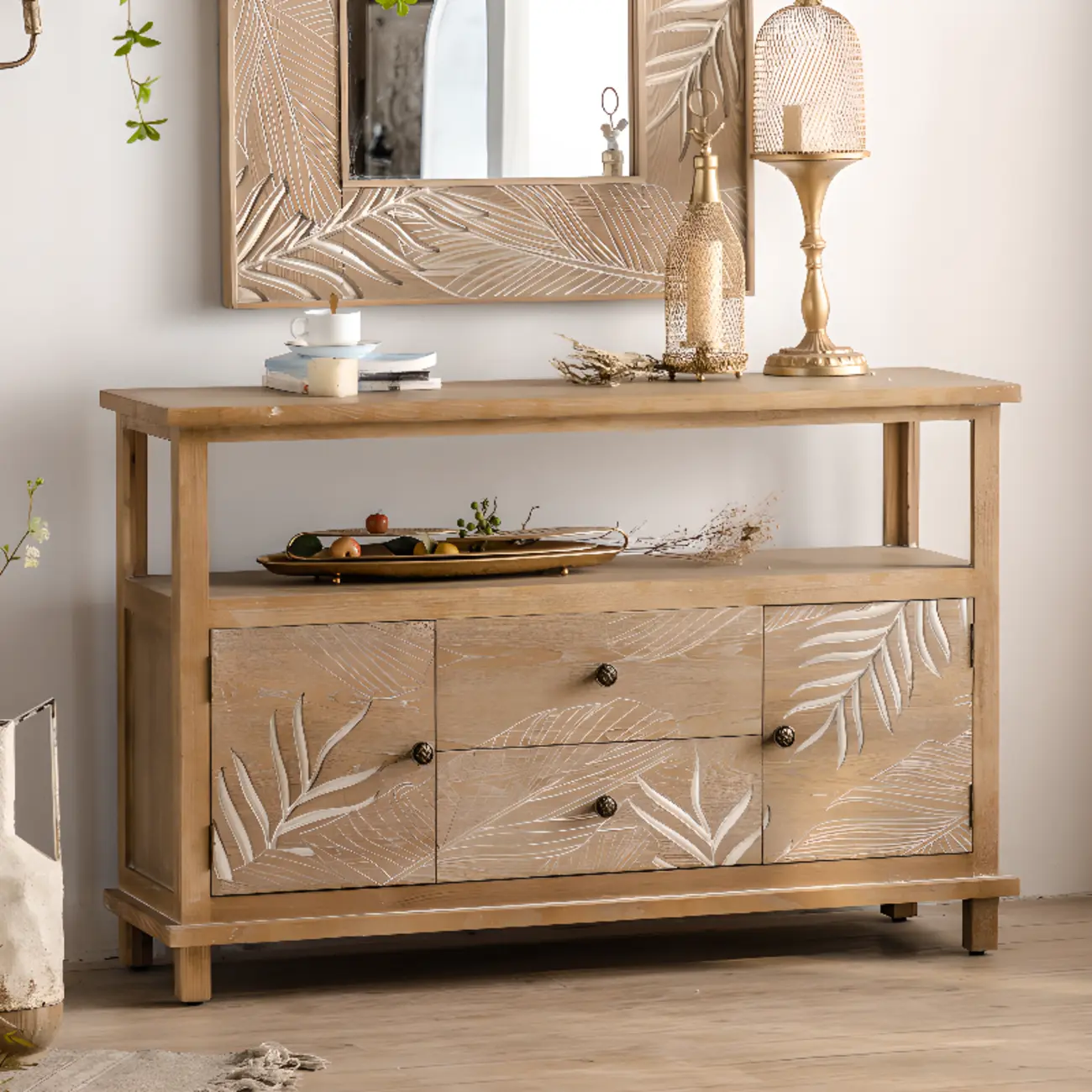 Rustic Natural Wooden Storage Buffet Accent Cabinet Image - 4 | homeyfad