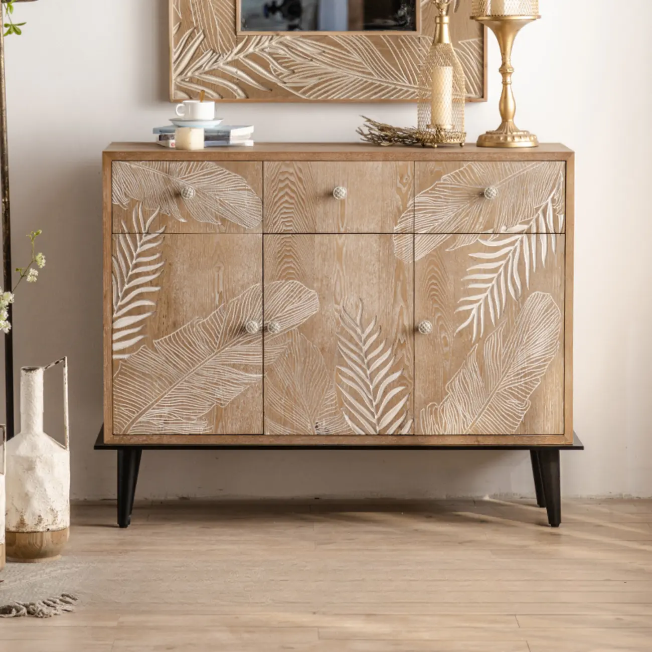 Rustic Natural Wooden Storage Buffet Accent Cabinet Image - 7 | homeyfad