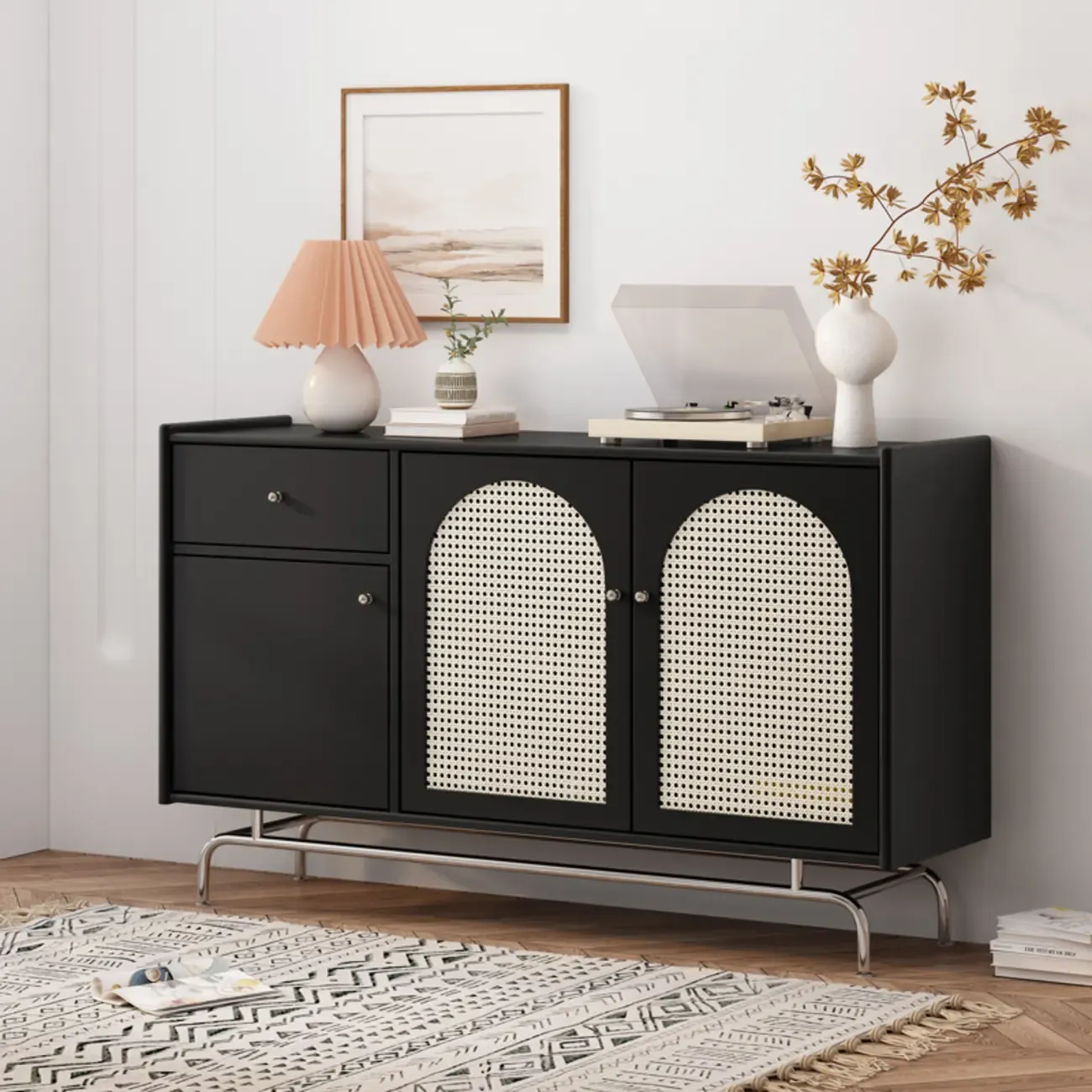 Modern Ink Wood Metal Base Rattan Cabinet for Living Room Image - 1