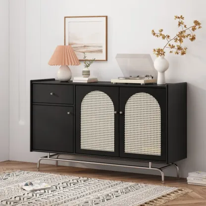 Modern Ink Wood Metal Base Rattan Cabinet for Living Room Image - 1