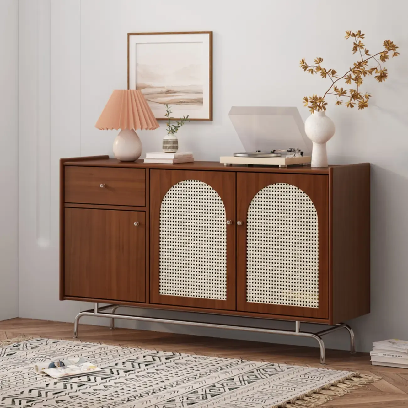 Modern Ink Wood Metal Base Rattan Cabinet for Living Room Image - 2