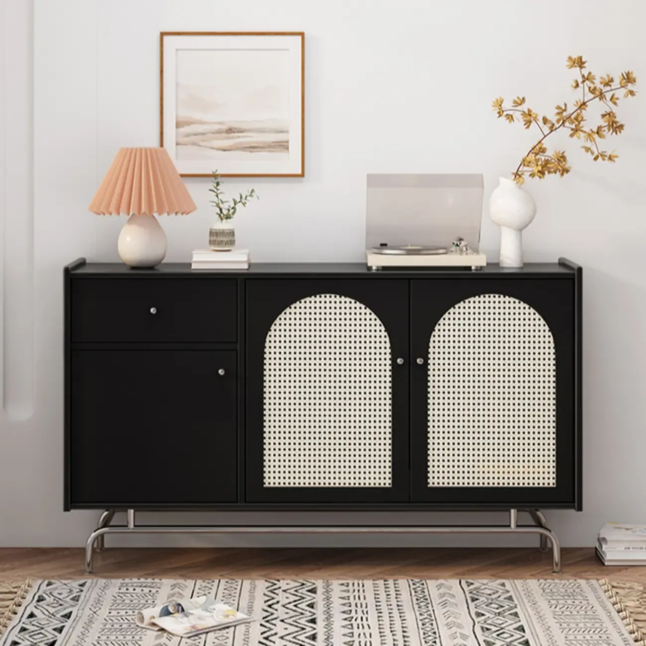 Modern Ink Wood Metal Base Rattan Cabinet for Living Room Image - 3