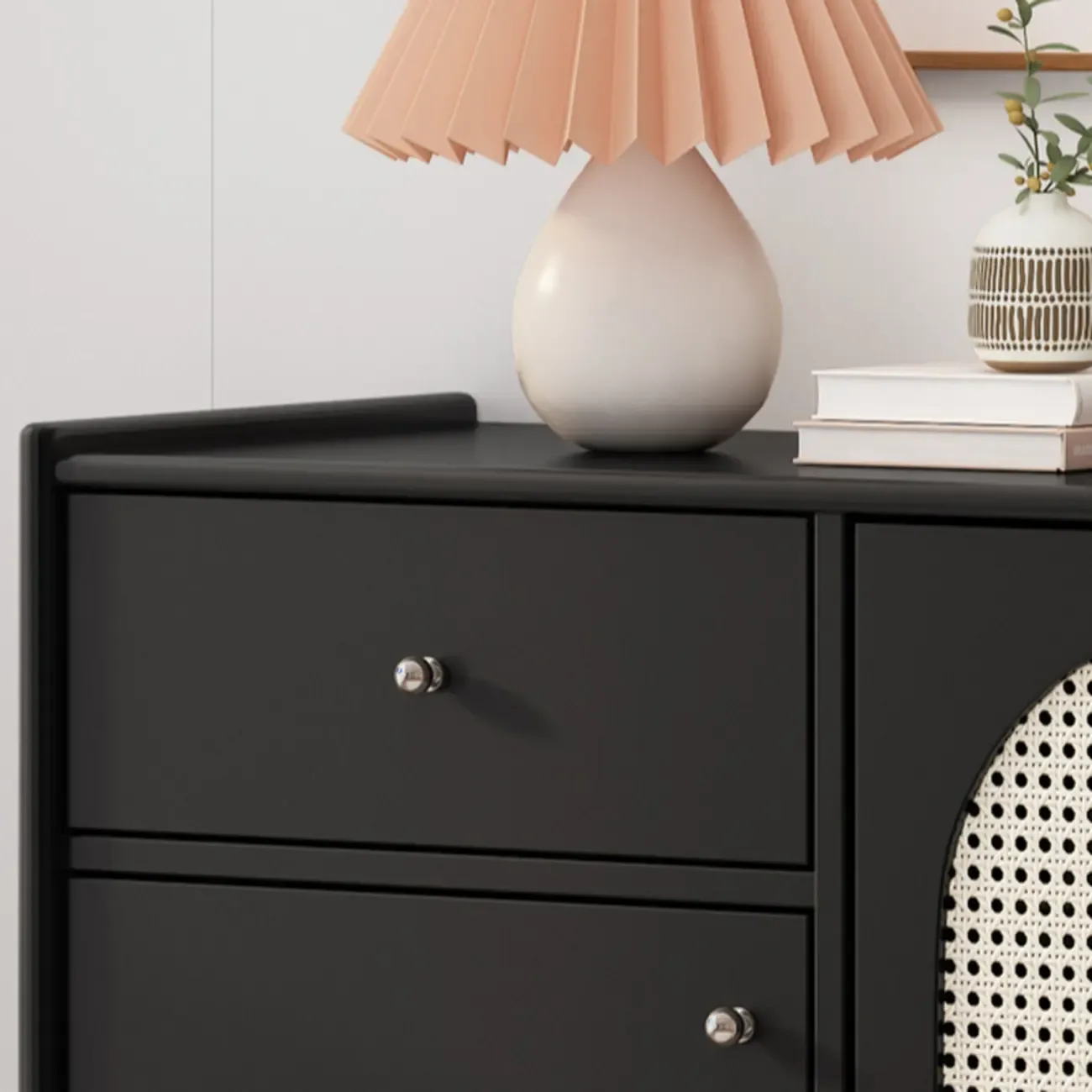 Modern Ink Wood Metal Base Rattan Cabinet for Living Room Image - 7