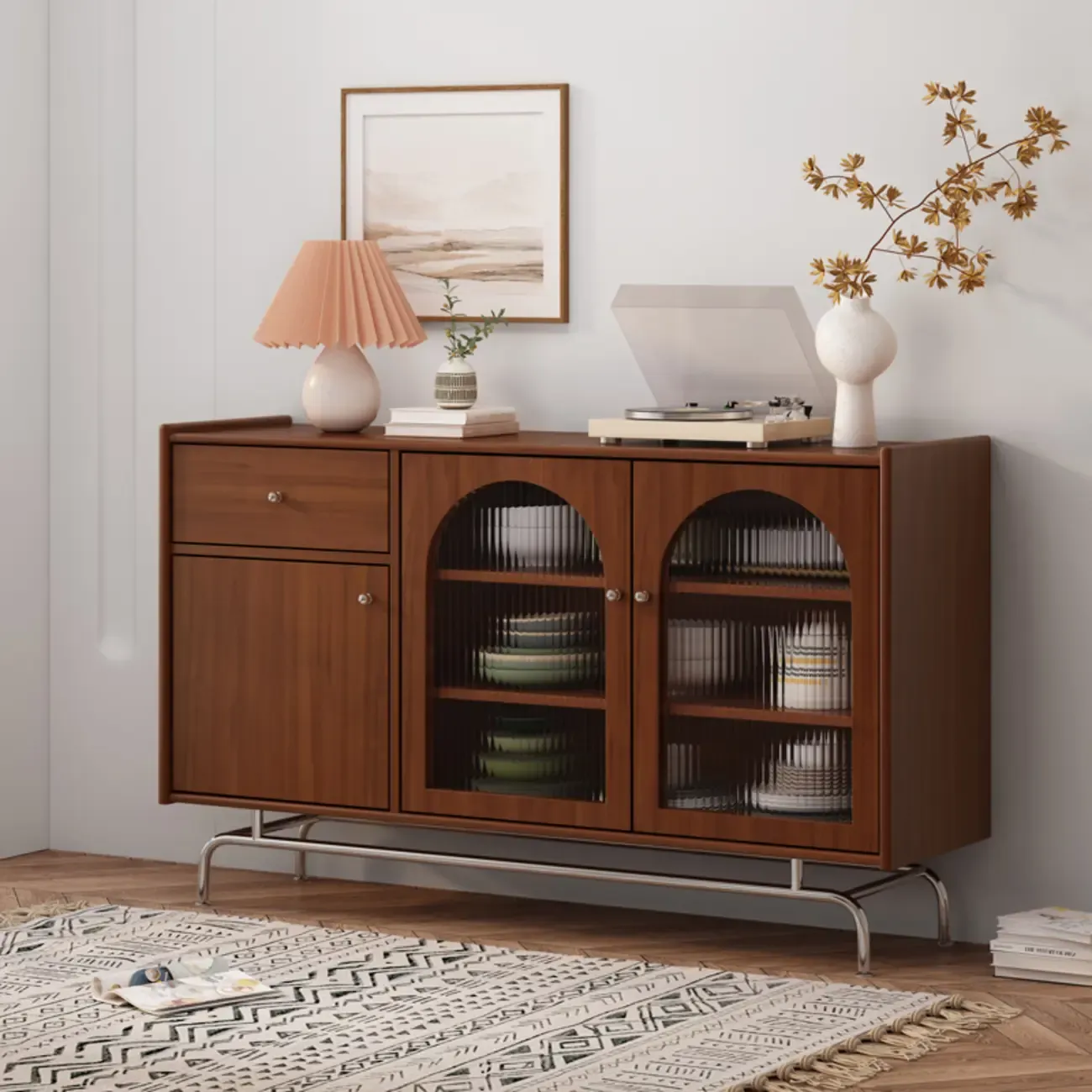 Modern Ink Wood Metal Base Rattan Cabinet for Living Room Image - 4