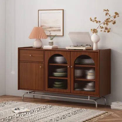 Modern Ink Wood Metal Base Rattan Cabinet for Living Room Image - 4