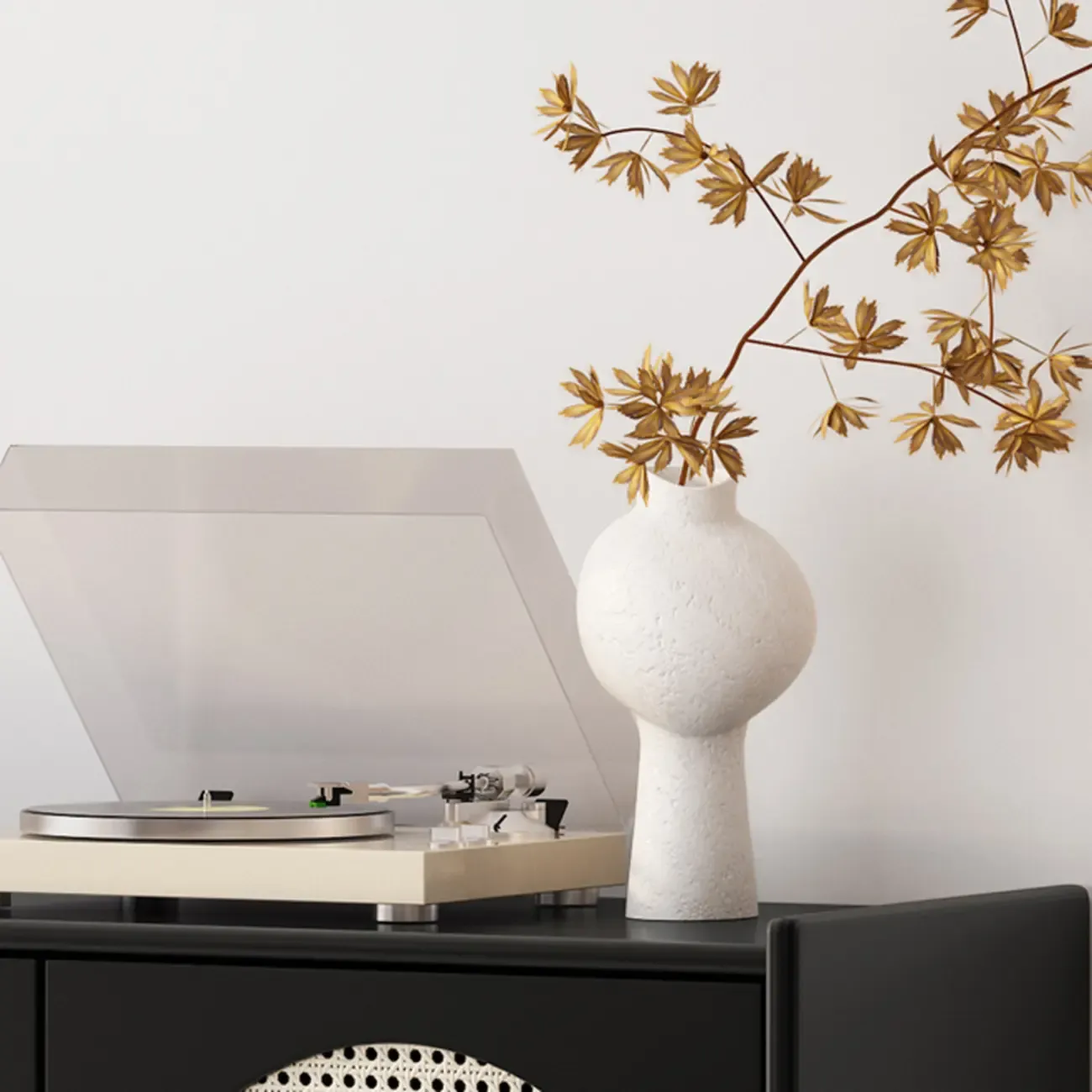 Modern Ink Wood Metal Base Rattan Cabinet for Living Room Image - 8