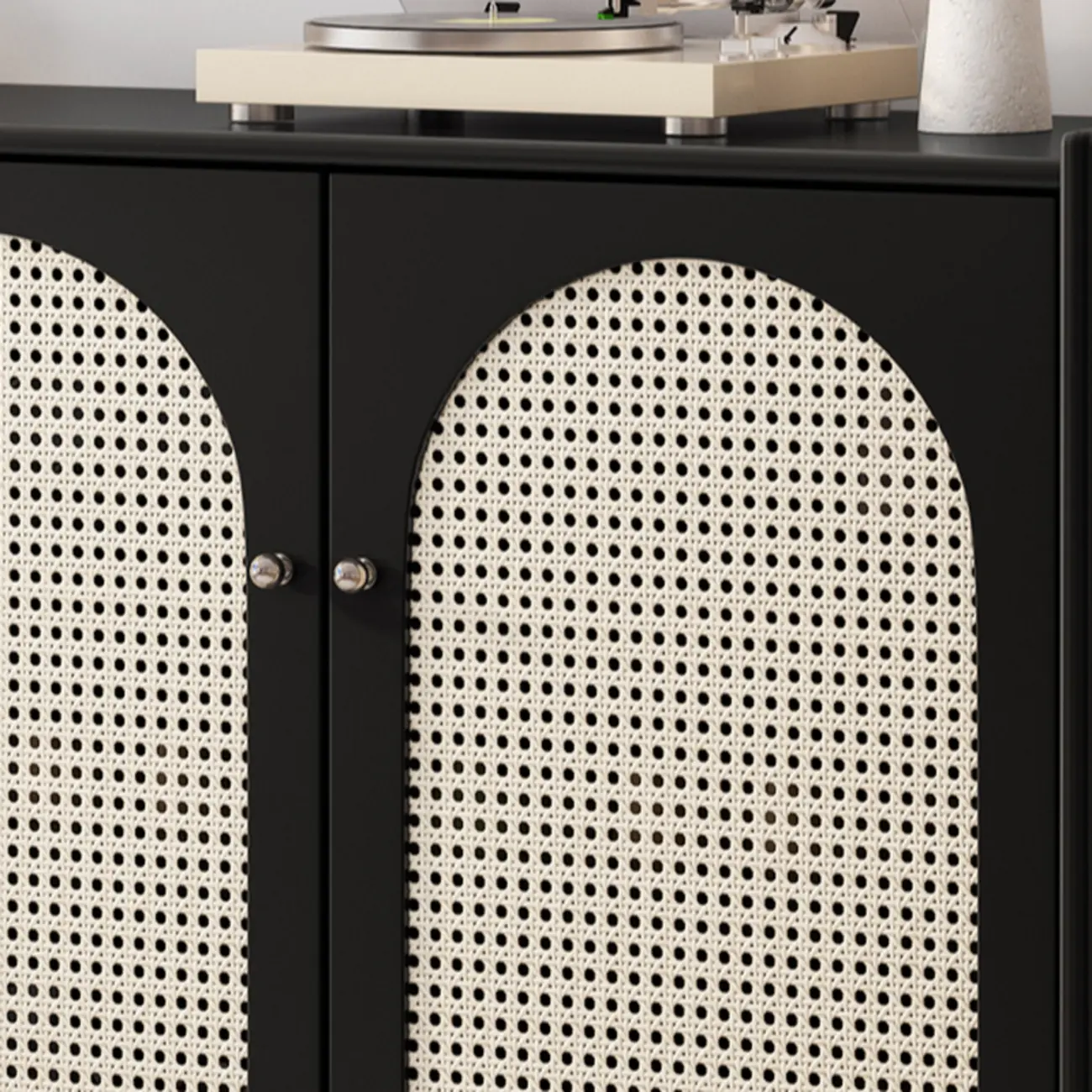 Modern Ink Wood Metal Base Rattan Cabinet for Living Room Image - 9 | homeyfad
