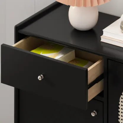 Modern Ink Wood Metal Base Rattan Cabinet for Living Room Image - 10