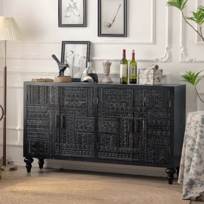 Modern Black Wooden Parlor Intricate Carved Cabinet Image - 1