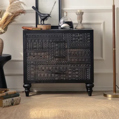 Modern Black Wooden Parlor Intricate Carved Cabinet Image - 2