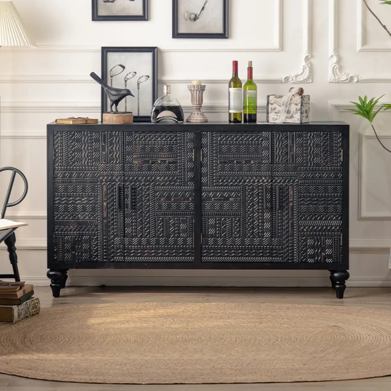 Modern Black Wooden Parlor Intricate Carved Cabinet Image - 3