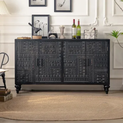 Modern Black Wooden Parlor Intricate Carved Cabinet Image - 3