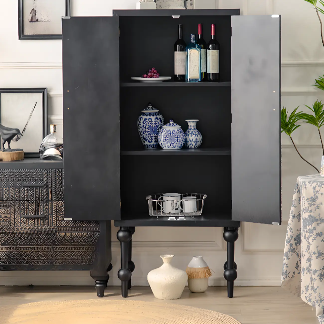 Modern Black Wooden Parlor Intricate Carved Cabinet Image - 14 | homeyfad