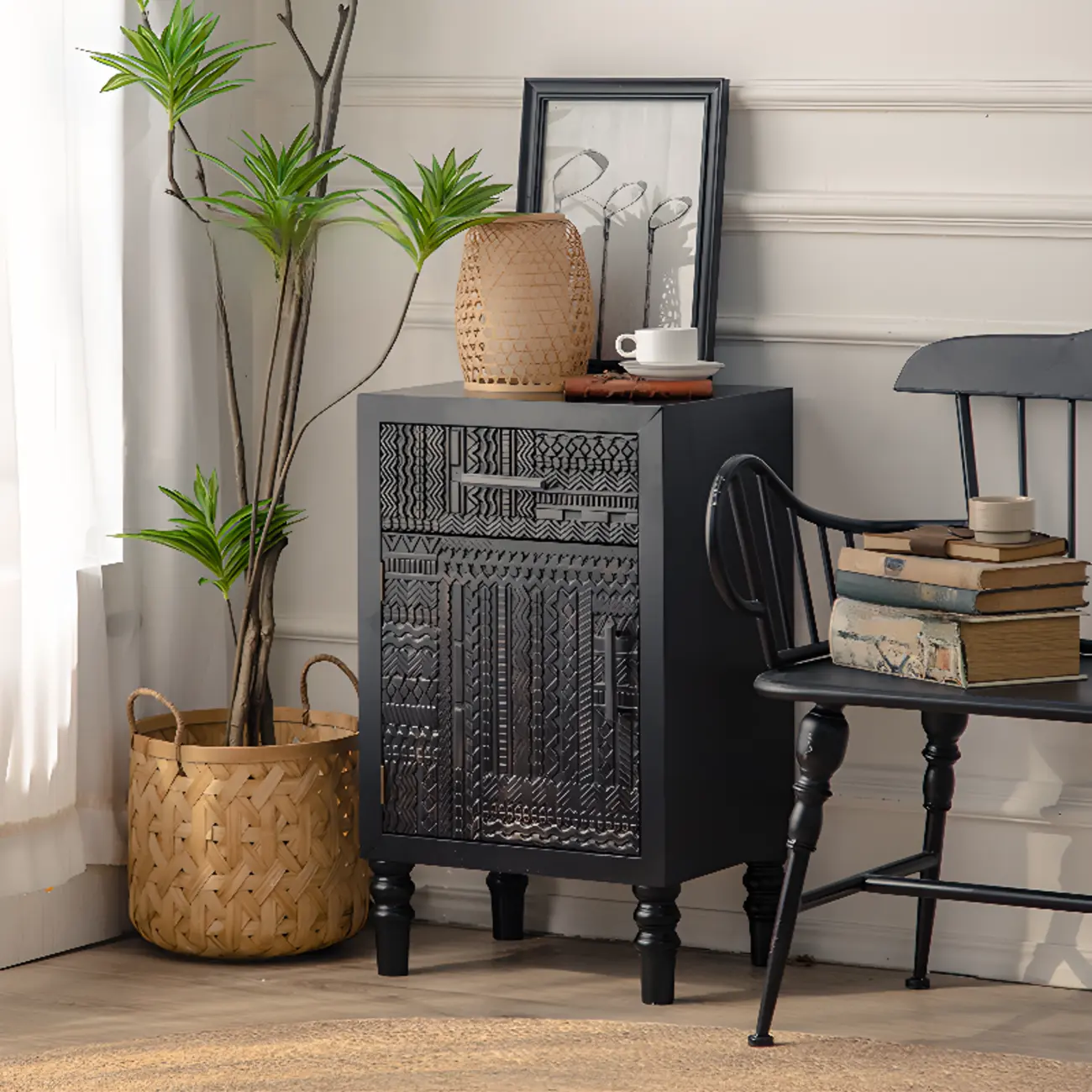 Modern Black Wooden Parlor Intricate Carved Cabinet Image - 5 | homeyfad