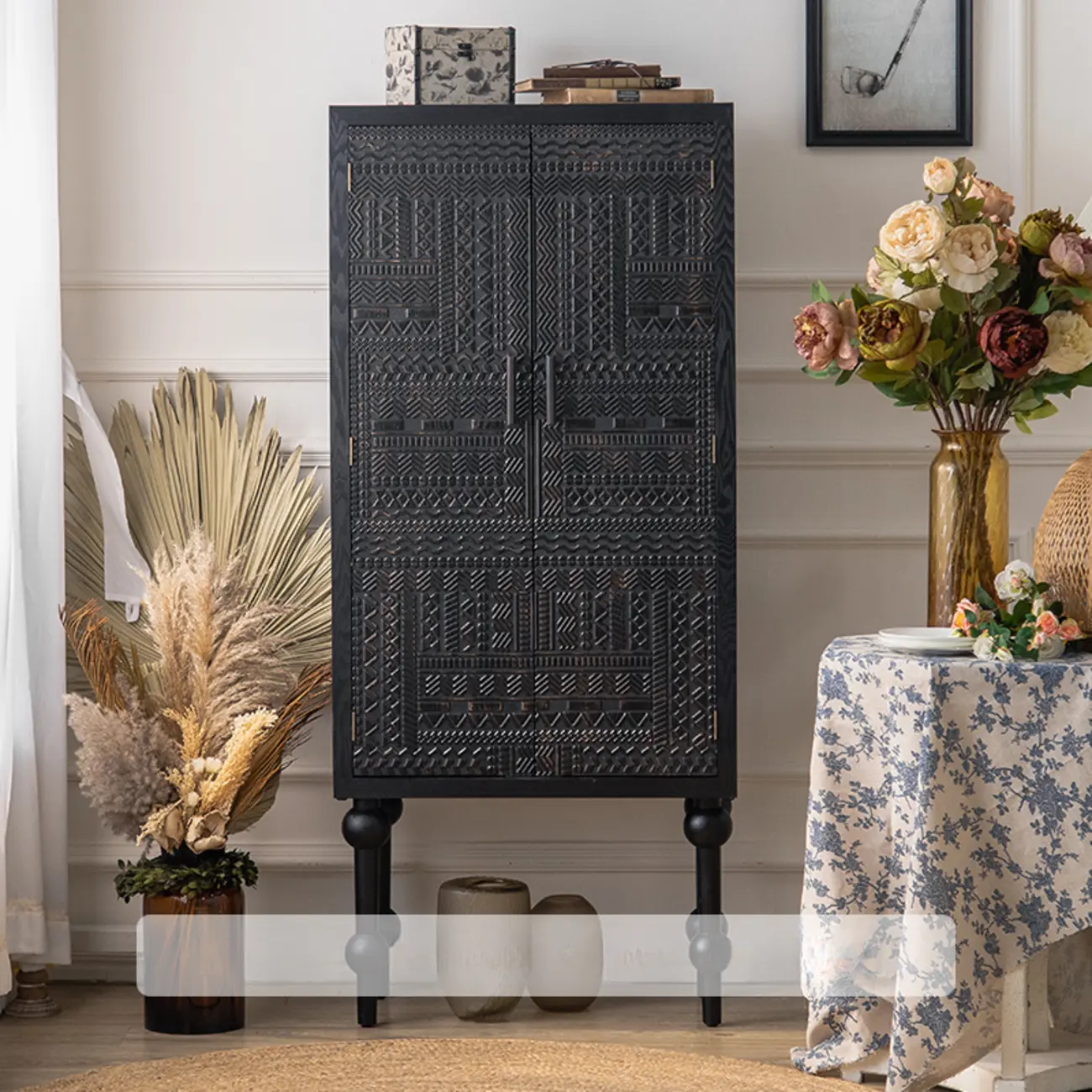 Modern Black Wooden Parlor Intricate Carved Cabinet Image - 6 | homeyfad