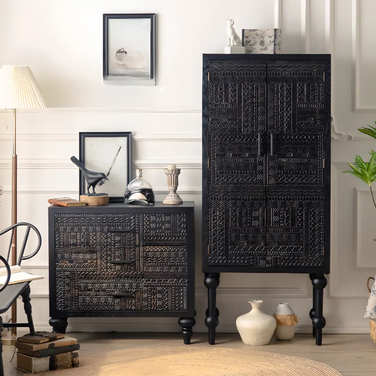 Modern Black Wooden Parlor Intricate Carved Cabinet Image - 7