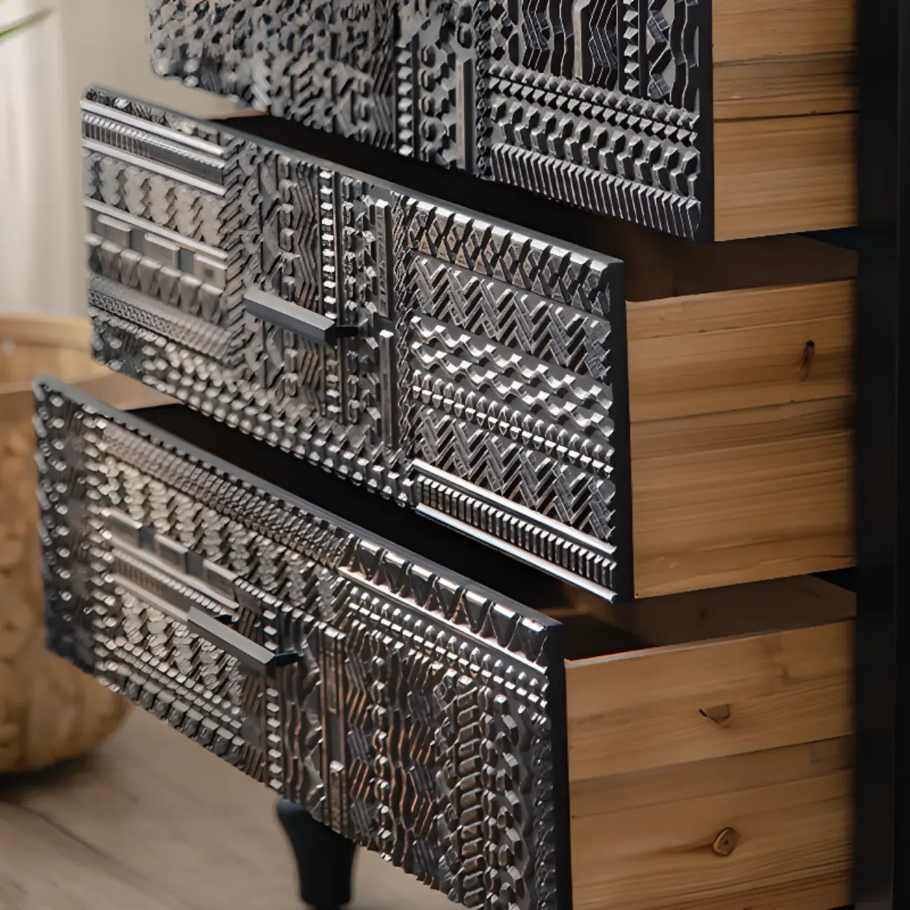 Modern Black Wooden Parlor Intricate Carved Cabinet Image - 9