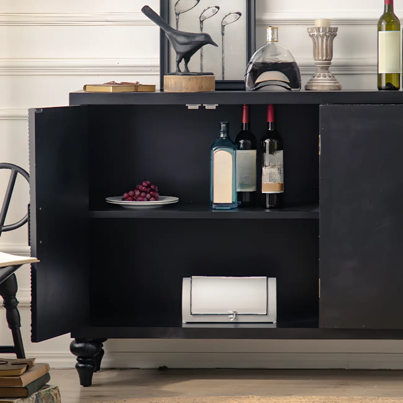 Modern Black Wooden Parlor Intricate Carved Cabinet Image - 10 | homeyfad