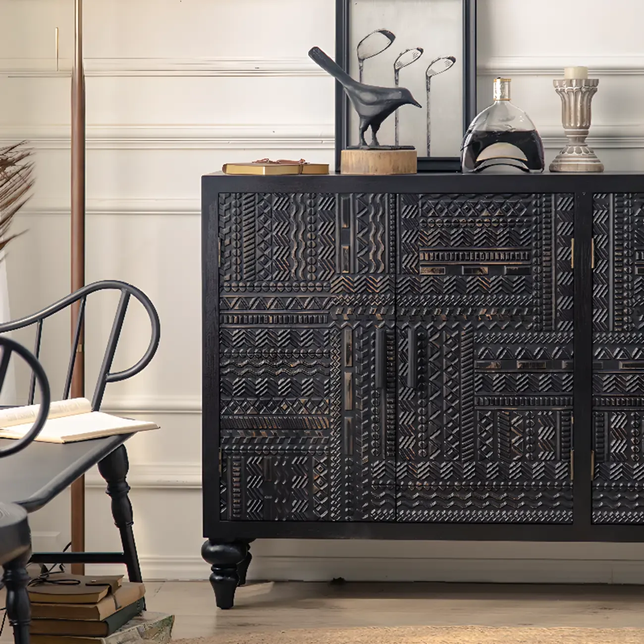 Modern Black Wooden Parlor Intricate Carved Cabinet Image - 13