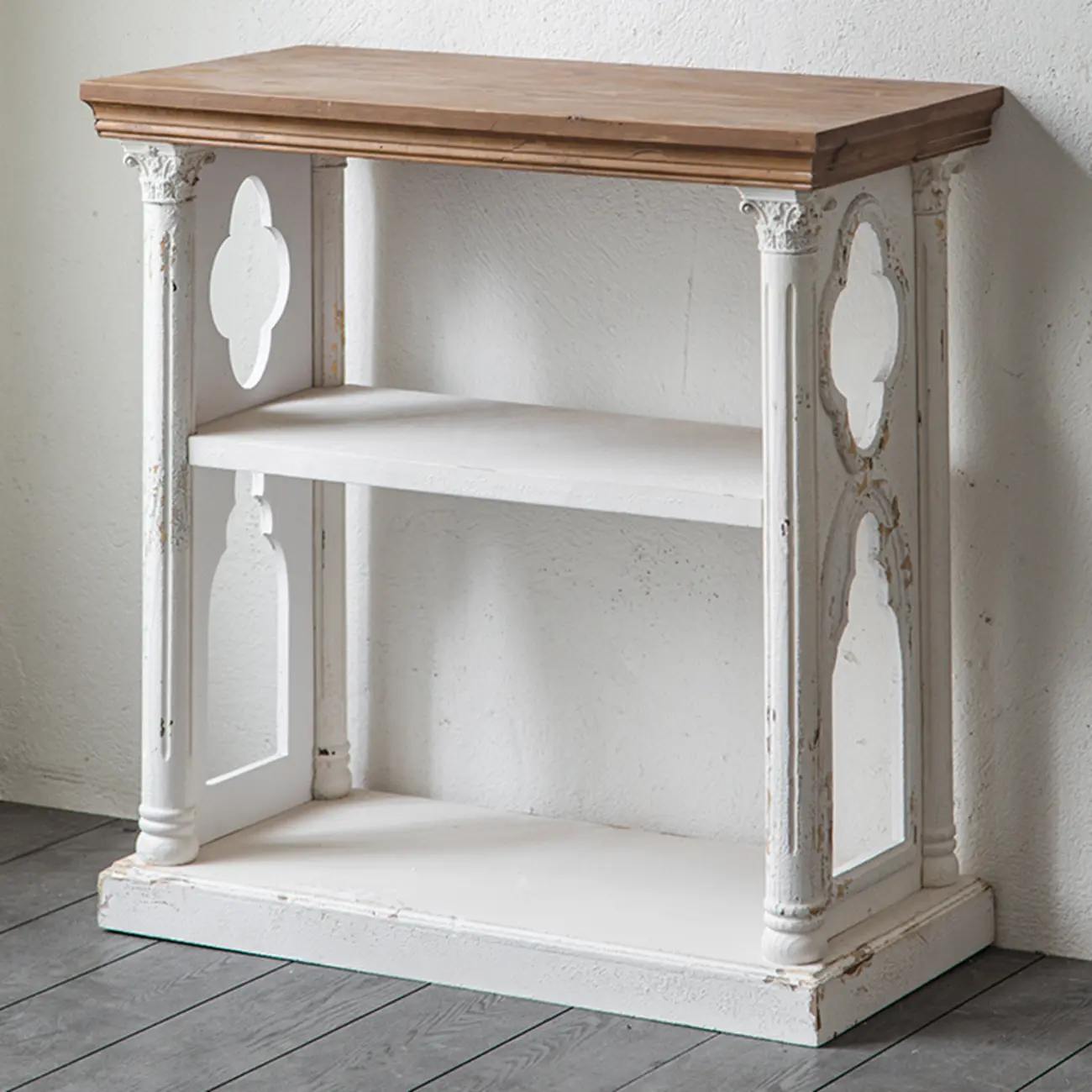 French Country Wood White Floor Shelf Console Table Image - 3 | homeyfad