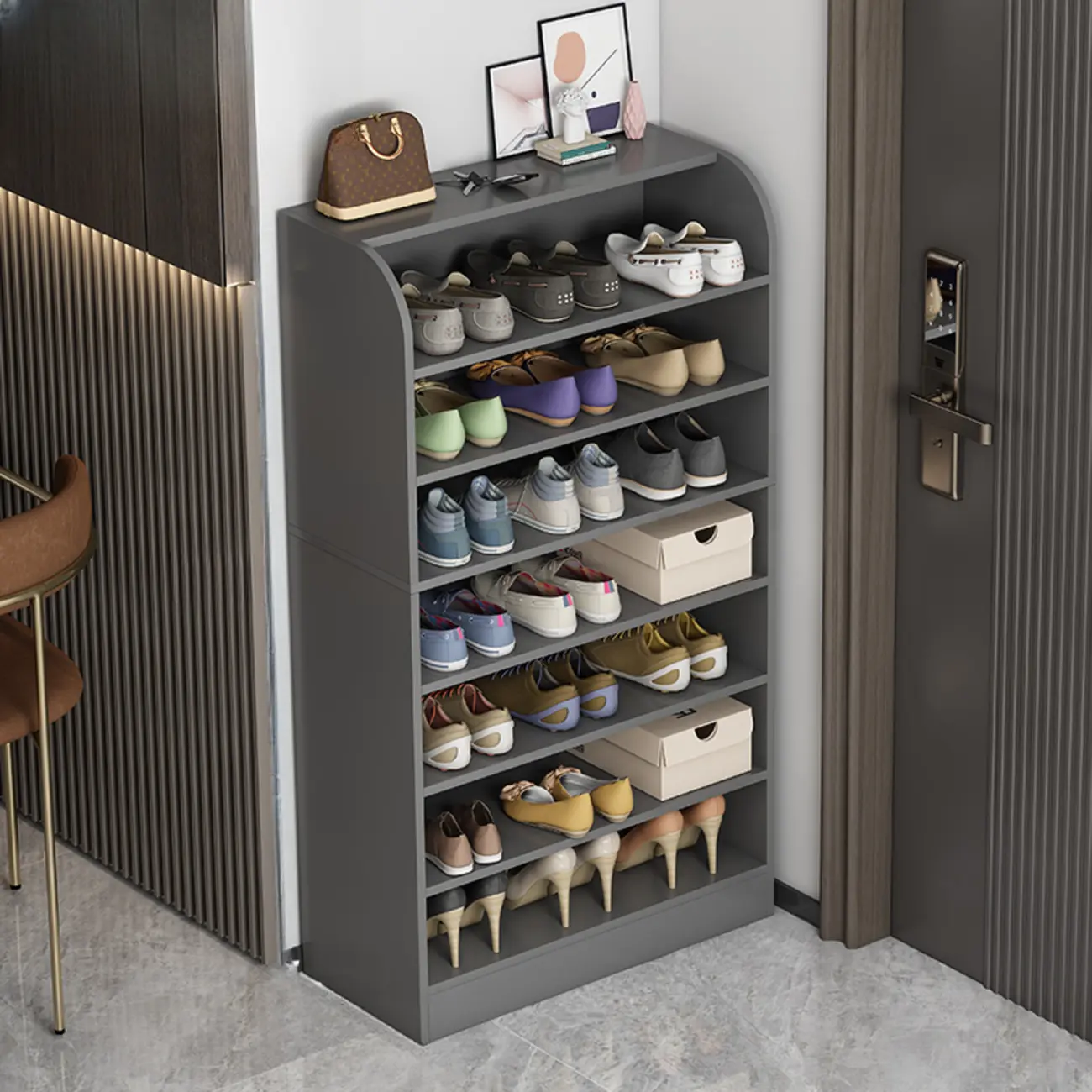Entryway Wood Grey 6 Shelves Storage Shoe Rack Image - 2 | homeyfad