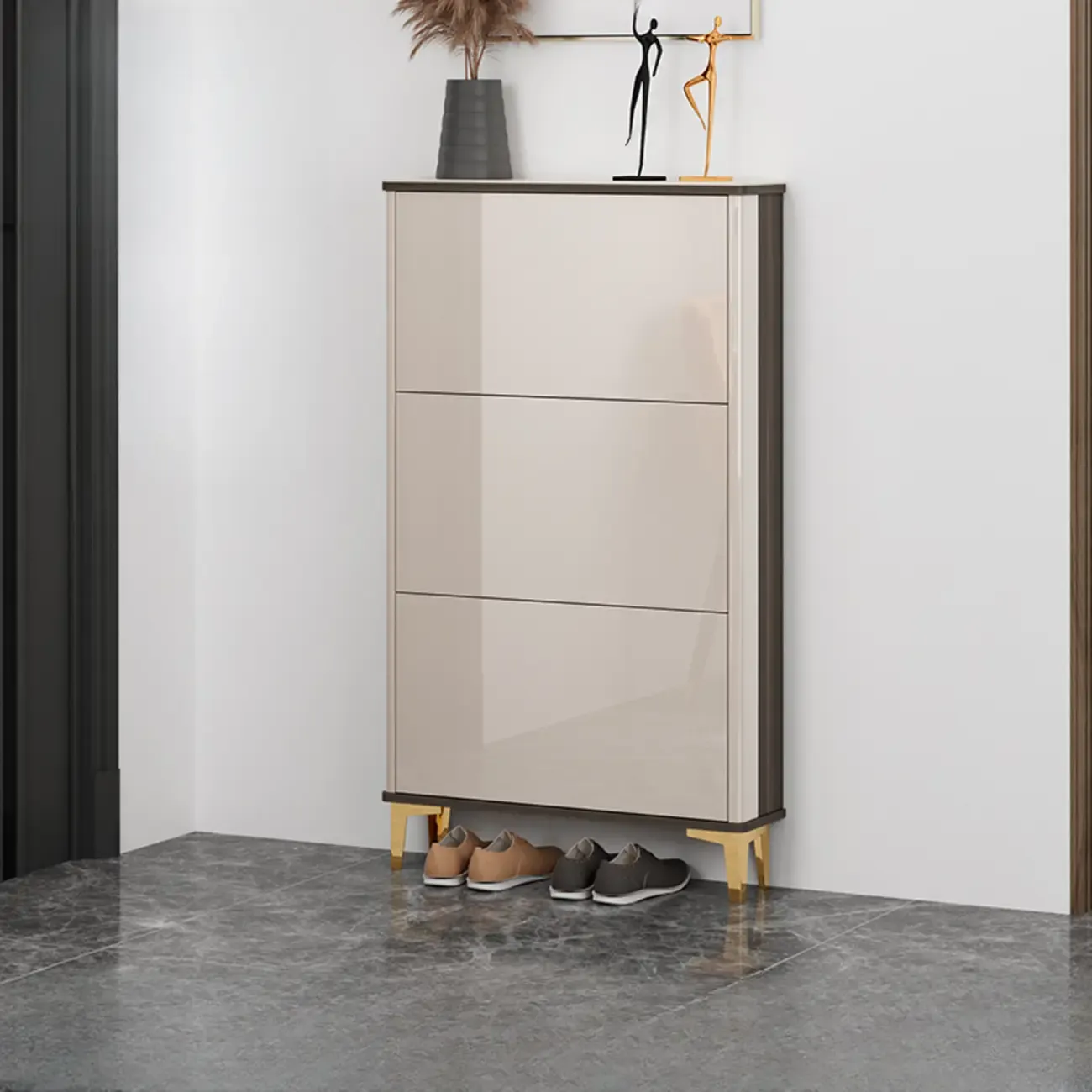 Glossy Shoe Cabinet with Sliding Doors for Entryway Image - 3