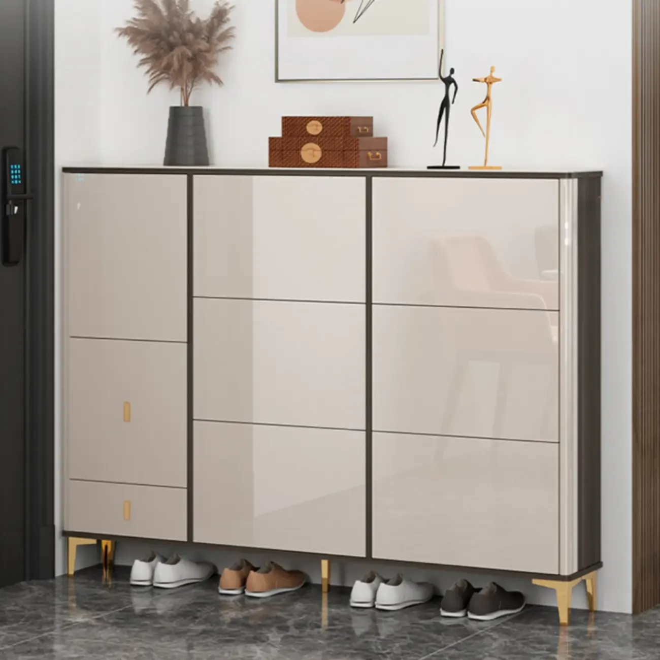 Glossy Shoe Cabinet with Sliding Doors for Entryway Image - 7