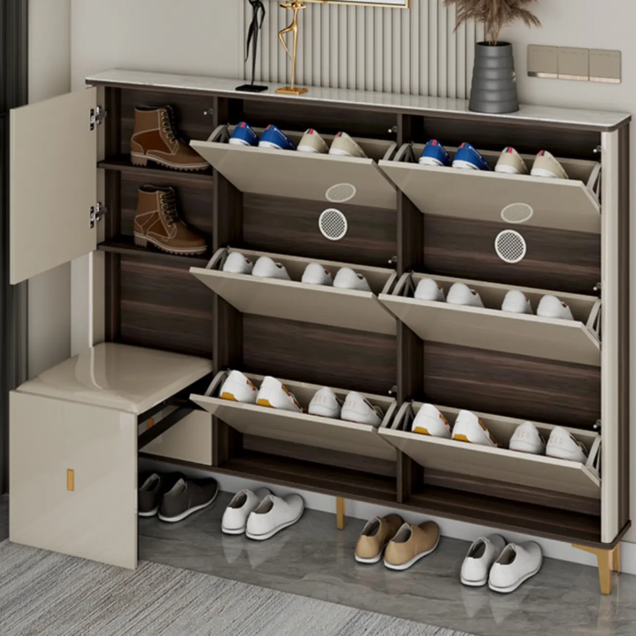 Glossy Shoe Cabinet with Sliding Doors for Entryway Image - 2 | homeyfad