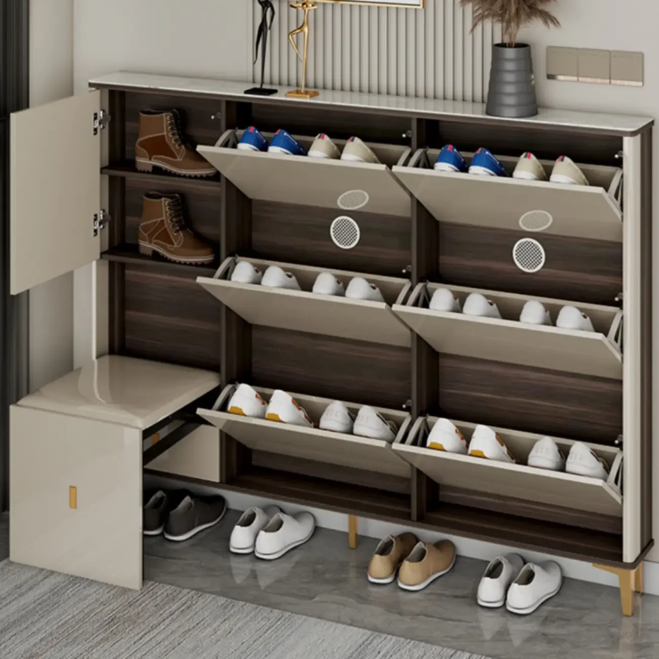 Glossy Shoe Cabinet with Sliding Doors for Entryway Image - 2