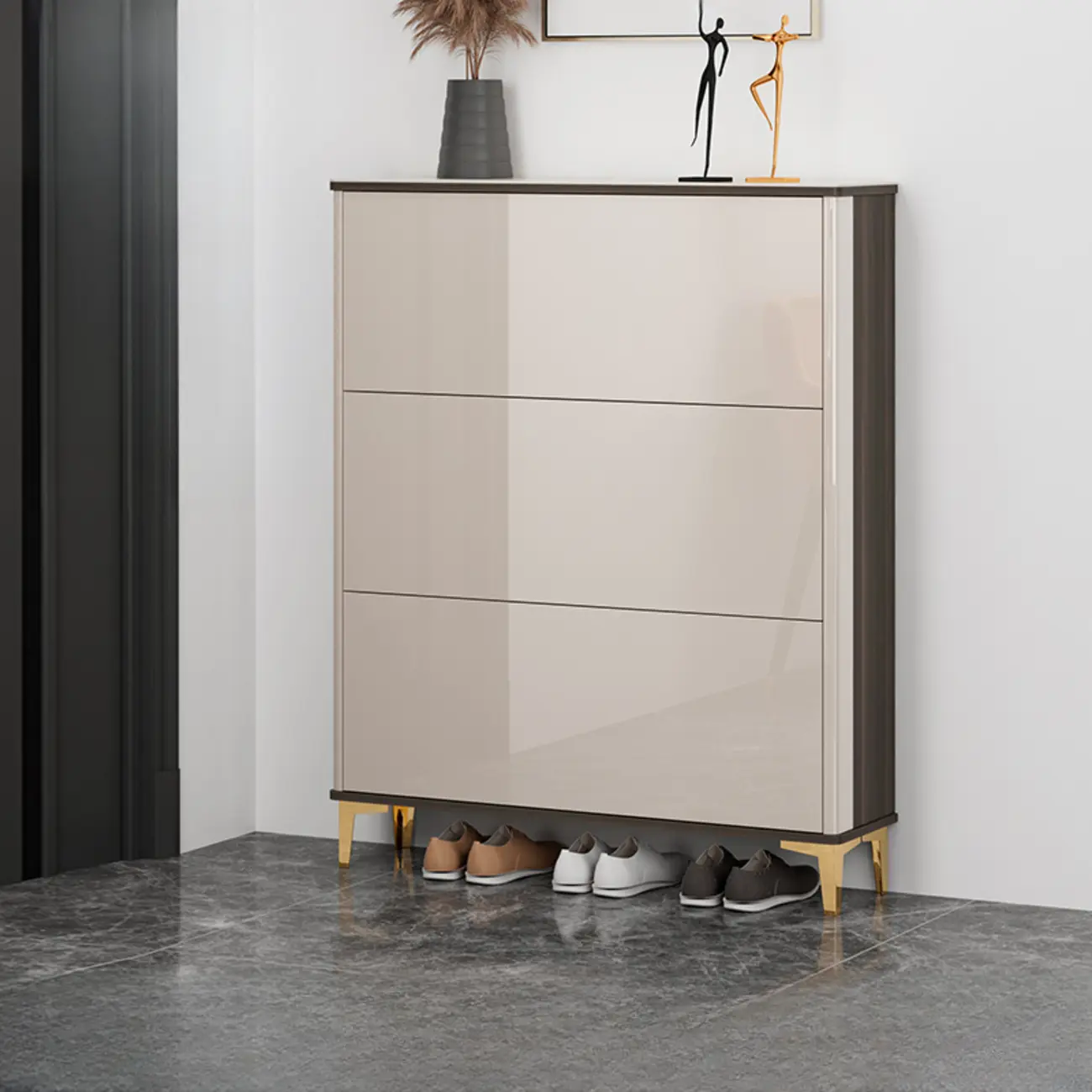 Glossy Shoe Cabinet with Sliding Doors for Entryway Image - 13 | homeyfad